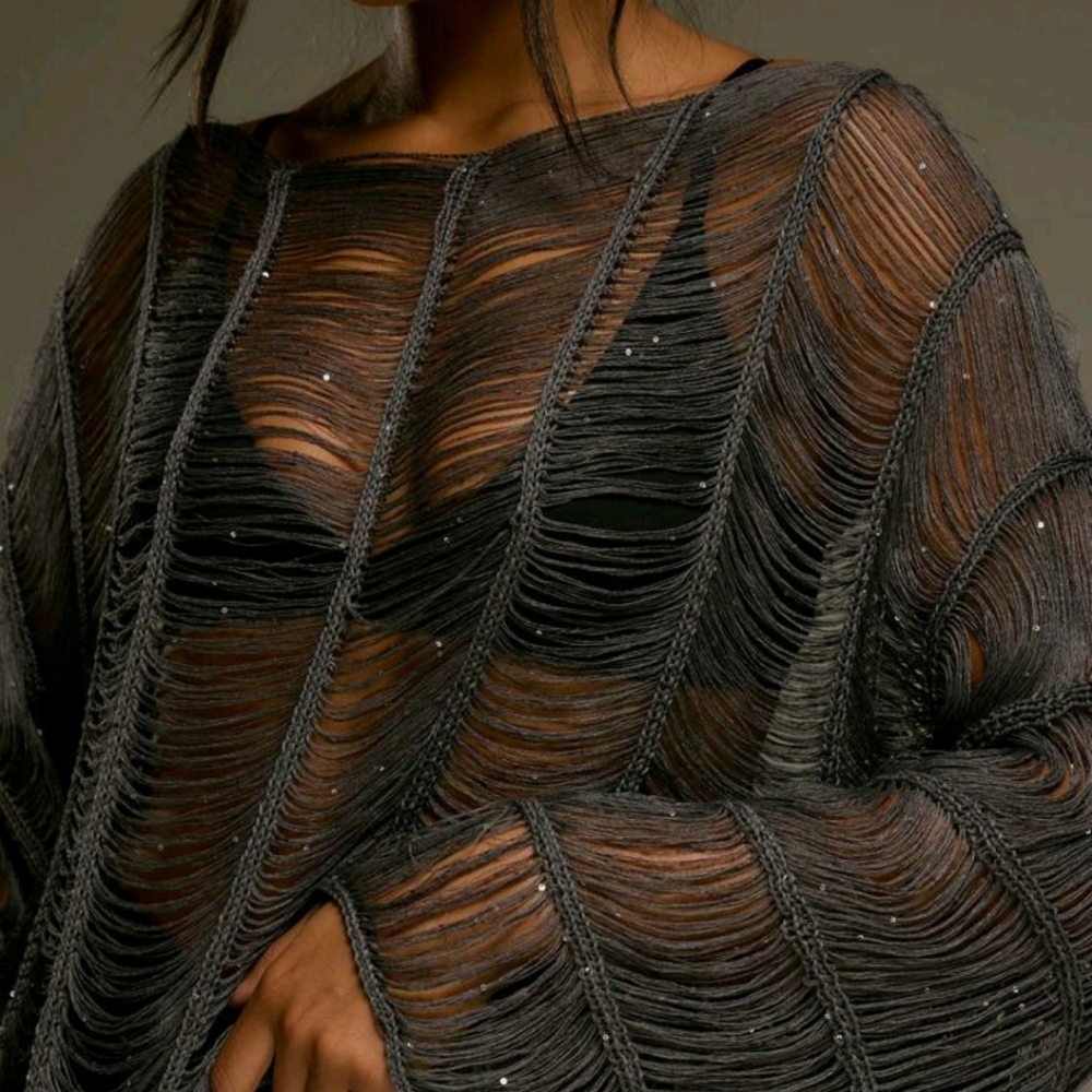 Slash Neck Distressed Fringe Beaded Long Sleeve Top Western Country Fall - Picture 2 of 6